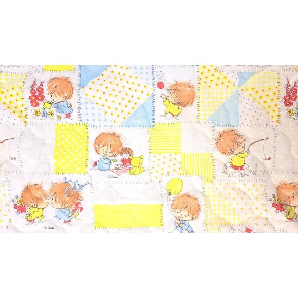 Vintage Patchwork Print Baby Quilt Child Yellow Little Lil Shavers 1970 Satin - Picture 6 of 13